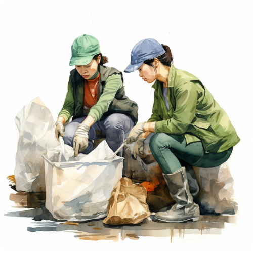 Two young Asian cleaning ladies packing debris bags