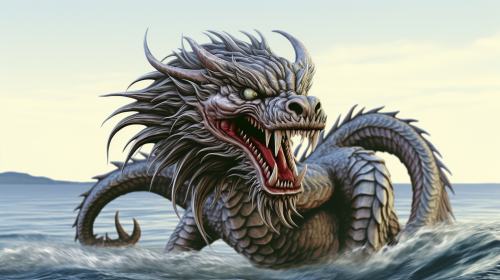 Majestic Asian dragon soaring above serene ocean