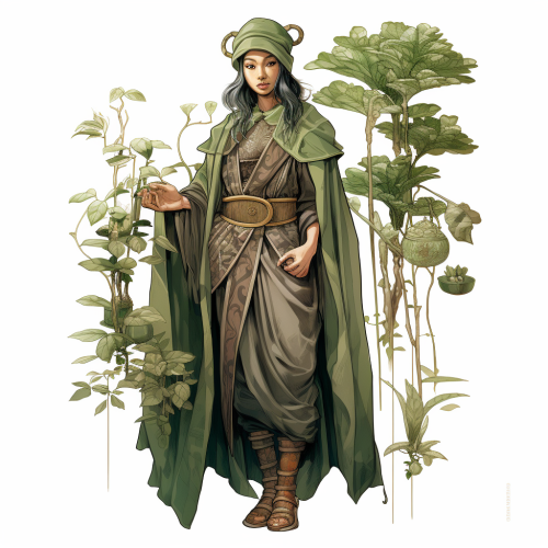 Asian elf wearing unique plant-based clothes
