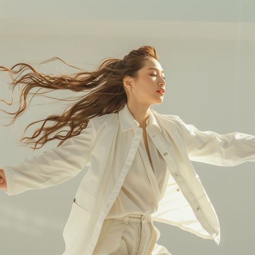 Asian female in white jacket dancing Asian female in white jacket dancing