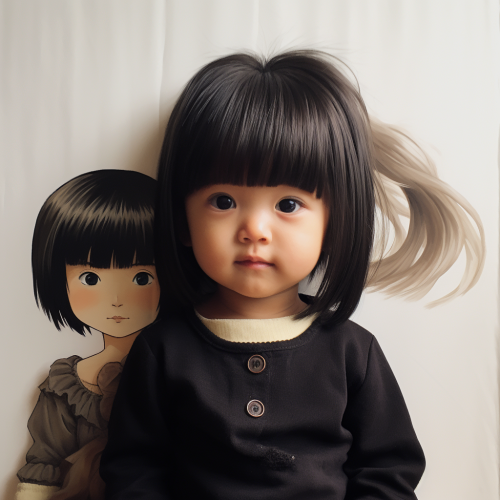 Asian girl with bangs haircut holding her baby brother Asian girl with bangs haircut holding her baby brother