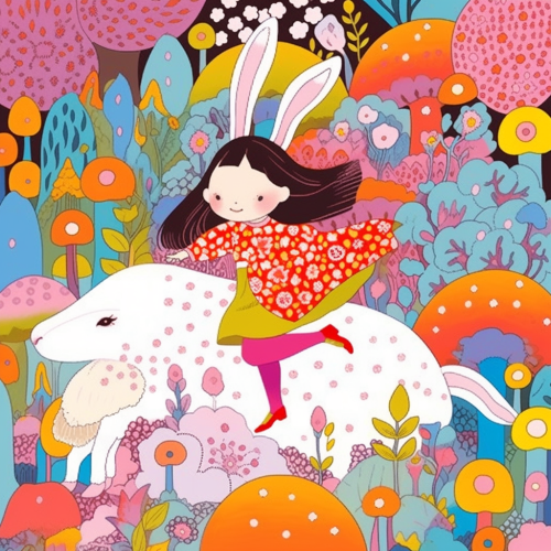 Cute Asian Girl on Giant Rabbit in Enchanted Forest