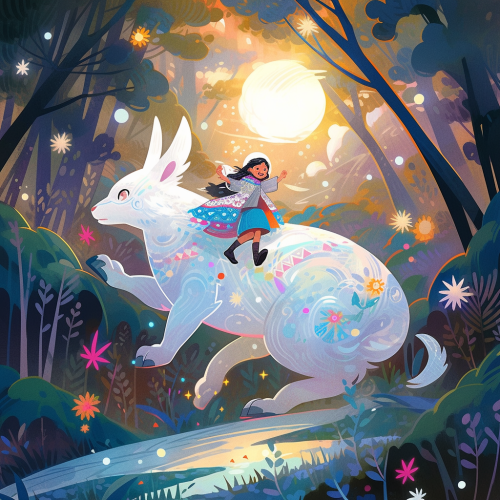 Young girl joyfully riding giant white rabbit