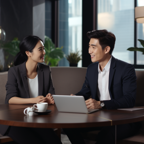 Asian lady interviewing young male in office Asian lady interviewing young male in office