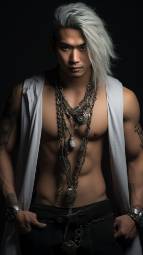 Asian man with grey ninja tank top and katanas