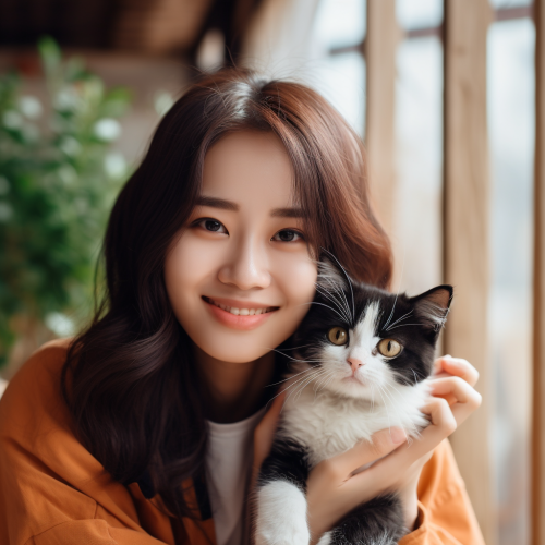 Asian Women with Cat and Dog, Happy Mood Asian Women with Cat and Dog, Happy Mood