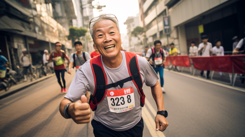 Asian man running marathon with name tag 52