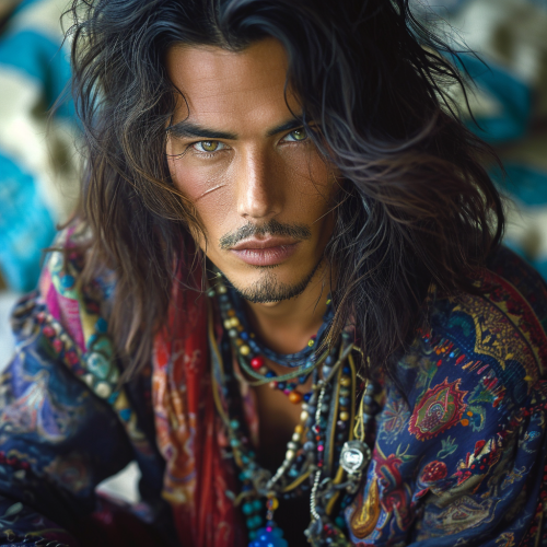 Asian nomadic man with long hair and vintage garments