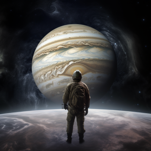 Astronaut exploring near planet Jupiter