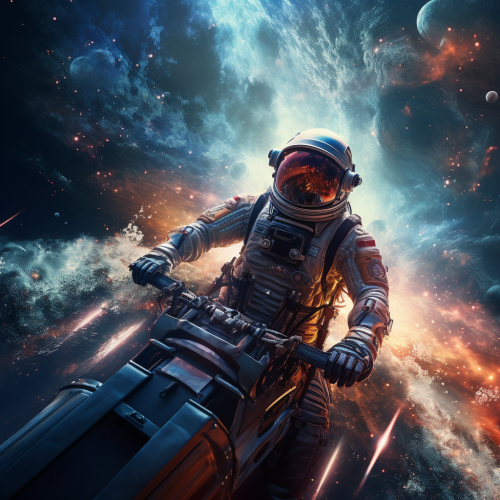 astronaut sailing through cosmos on space boat