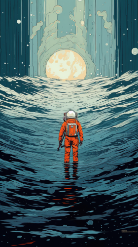 Astronaut swimming in deep ocean