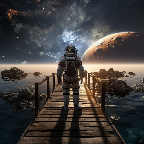 Astronaut on wooden pier watching meteor crash in ocean