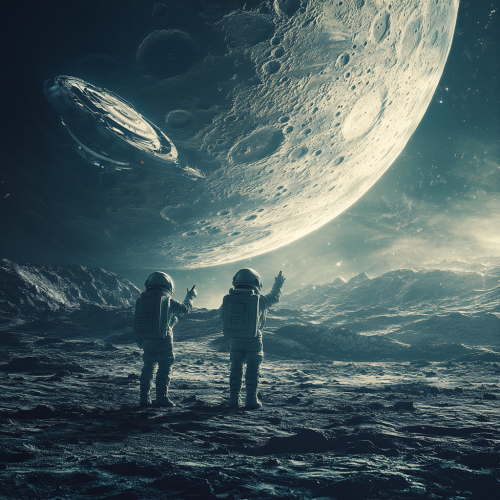 Astronauts pointing at spaceship moon Astronauts pointing at spaceship moon