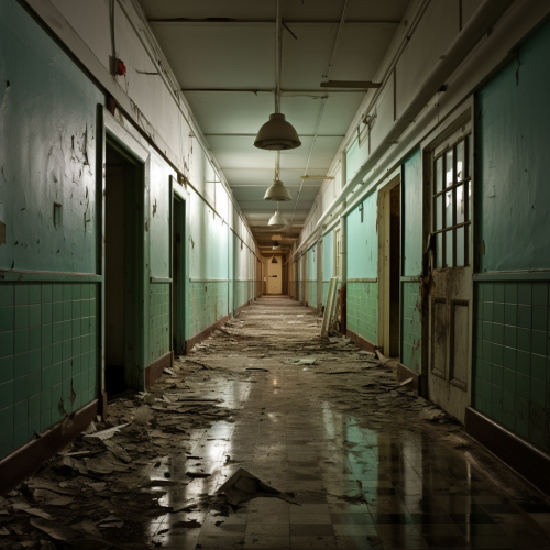 Abandoned asylum hallway with eerie atmosphere Abandoned asylum hallway with eerie atmosphere