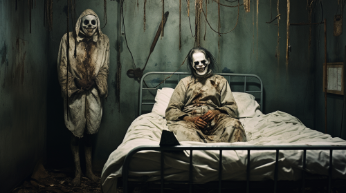 Insane patient in straightjacket with jester makeup Insane patient in straightjacket with jester makeup