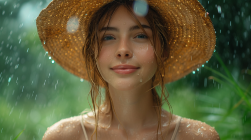 Austrian woman playing rain rice forest