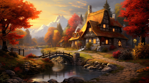 Scandinavian village in magical autumn landscape
