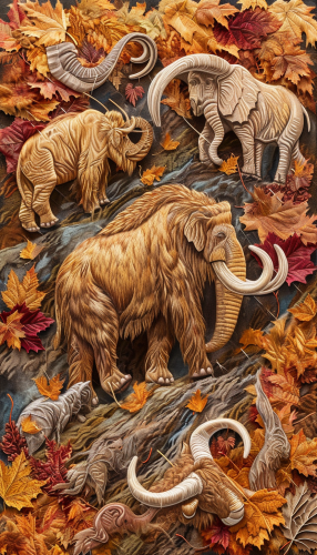 Autumn tundra mammoth herd falling leaves colored pencils