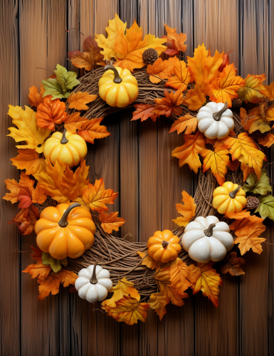 Round wreath on wooden door with autumn leaves