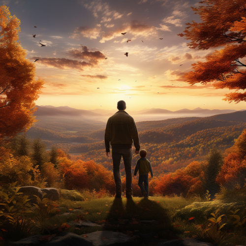 Father and son walking in autumn woods Father and son walking in autumn woods