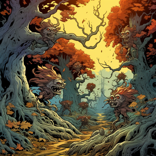 Evil-looking goblins in autumn forest