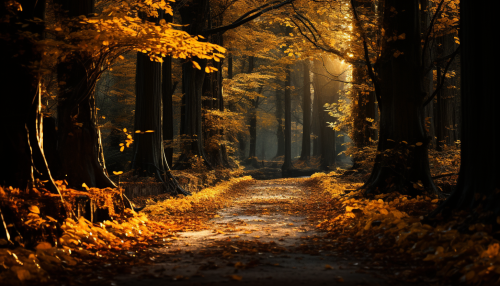 Golden autumn leaves in serene woods