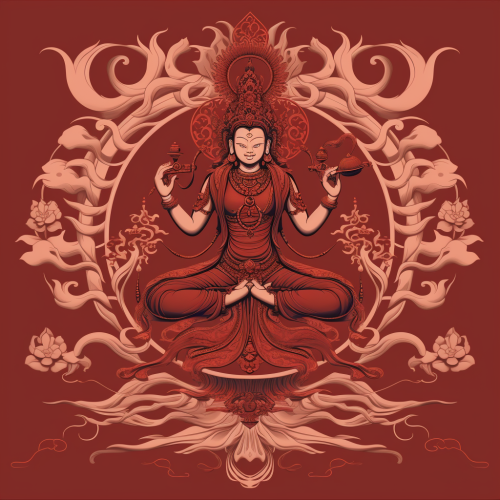 Simplified depiction of Avalokiteshvara Bodhisattva in cinnabar-line style