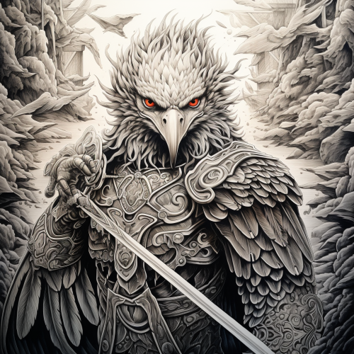 Aztac warrior with sword and eagle in background