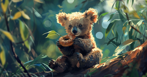 Cute baby bear enjoying donutholes in Kauai jungle.