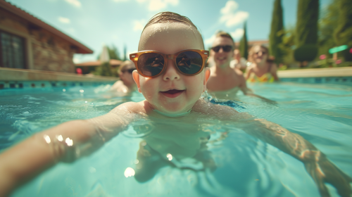 Baby with sunglasses taking pool selfie