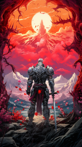 Knight in silver armor battles red demon