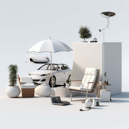 3D furniture and accessories on white background