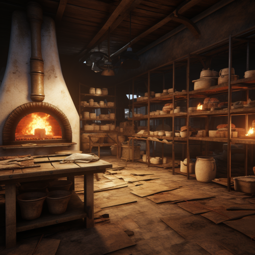 Old furniture stored inside a bakery with a furnace