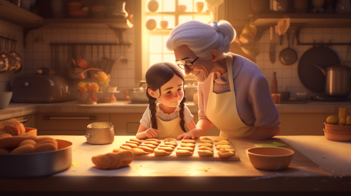 Little girl and her grandma baking cookies
