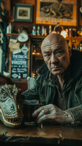 Man drinking with dinosaur body