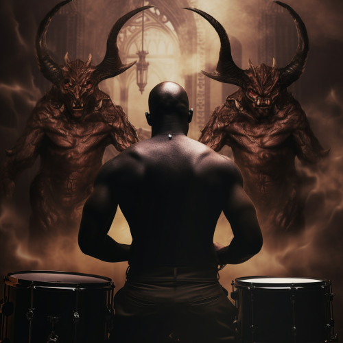 Bald male playing drums with demon in background Bald male playing drums with demon in background