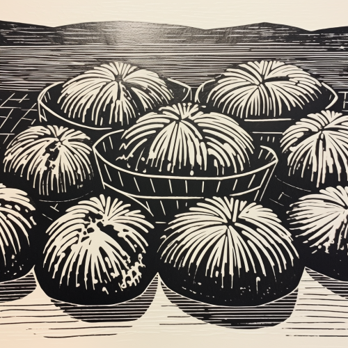 Bao Buns Japanese Woodblock Print Linocut Lines