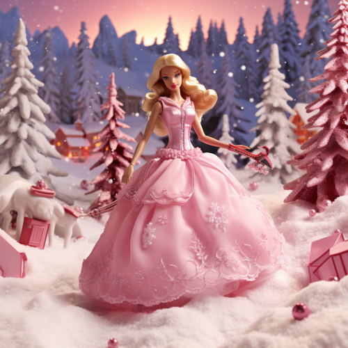 Barbie enjoying snowy Christmas by pink tree