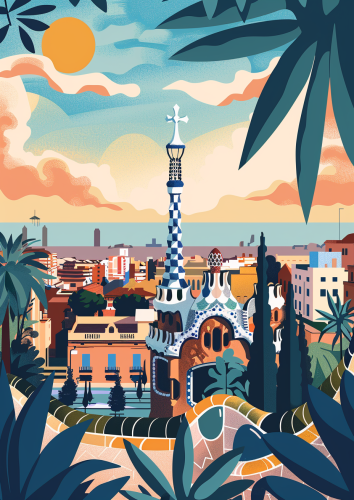 Modern Parc Guell Barcelona Illustration