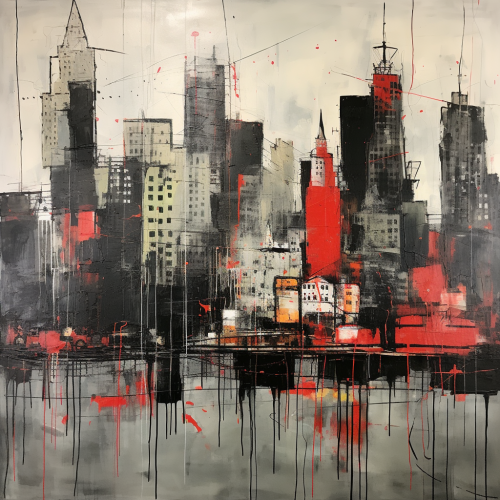 Basquiat-inspired cityscape with muted grey, green, and red tones Basquiat-inspired cityscape with muted grey, green, and red tones