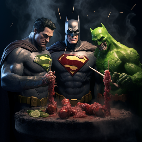 Batman, Superman, Hulk Eating Meat Skewer