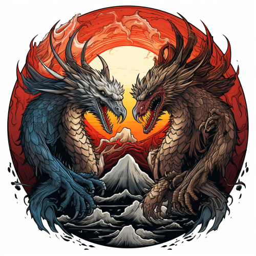 Impressive battle royale traditional tattoo with eagle and dragon