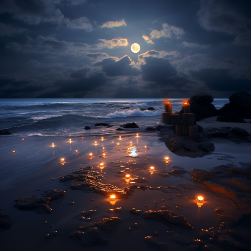 Beautiful beach candles under moonlight