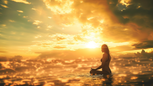 Meditation woman with dreams on beach sunset