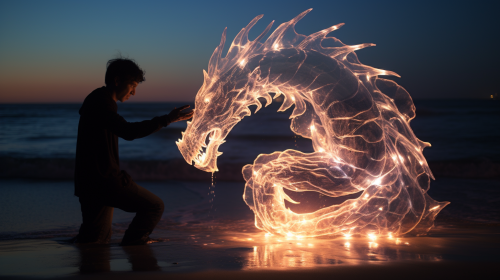 Glowing water dragon on beach at night Glowing water dragon on beach at night