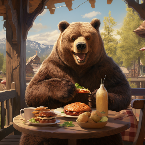 Smiling bear eating hamburger outside