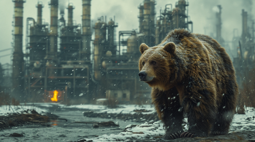 Bear by River with Chemical Plant in Snow