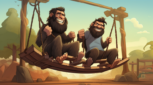 Two bearded cavemen on a teeter totter at a playground