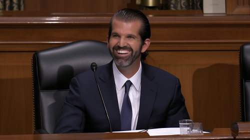 Bearded Donald Trump Jr. laughing on the witness stand