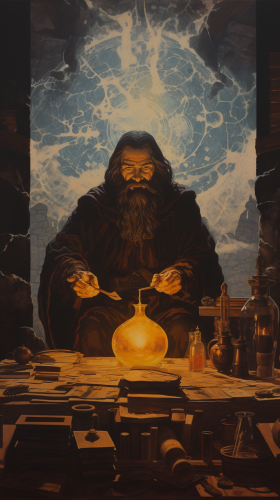 Illustration of a bearded wizard in a potion hut Illustration of a bearded wizard in a potion hut